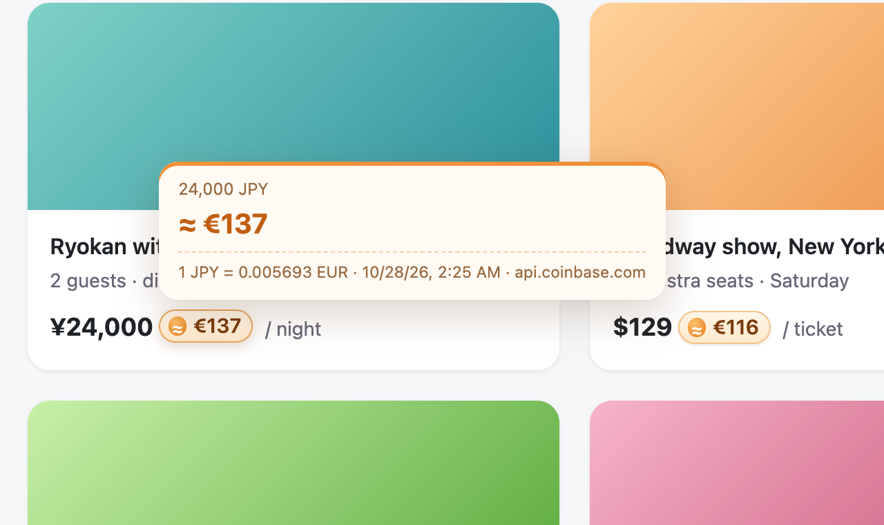 Hovering a badge shows a card: 24,000 JPY, about €137, with the rate, time and source